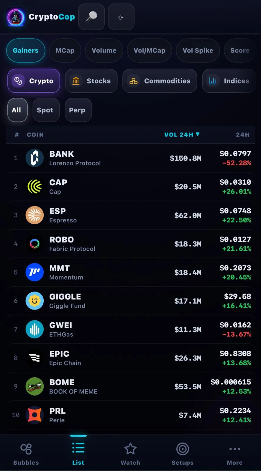 CryptoCop mobile coin list